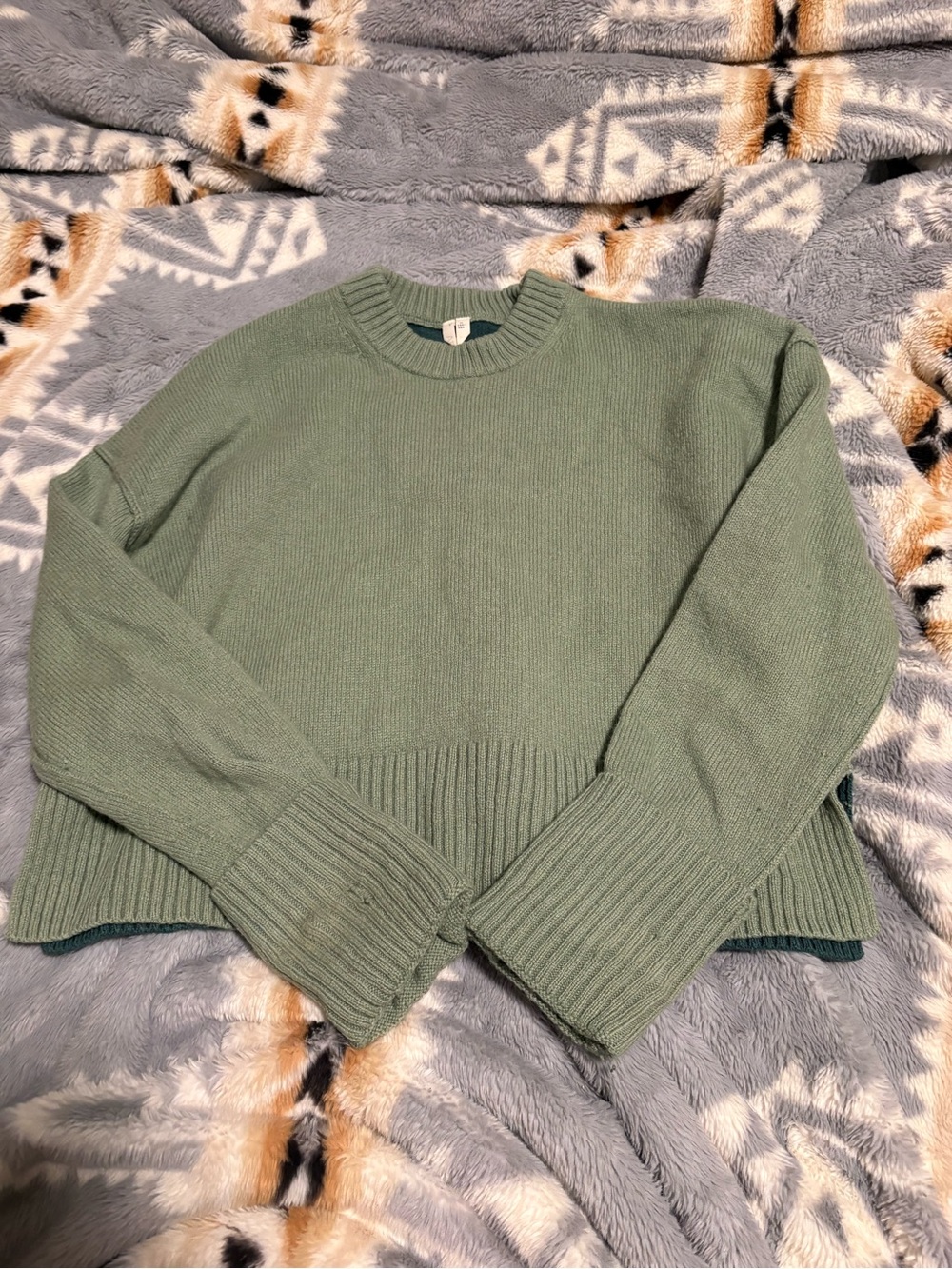 Arket Sage Green Ribbed Hem Crewneck Sweater